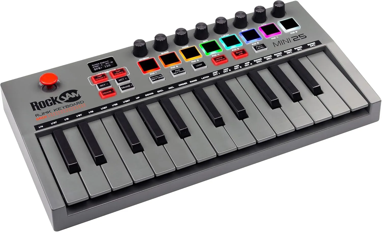RockJam, Go 25 Key USB and Bluetooth MIDI Keyboard Controller with 8 Backlit Drum Pads, 8 Knobs, One-Size (RJMK25)