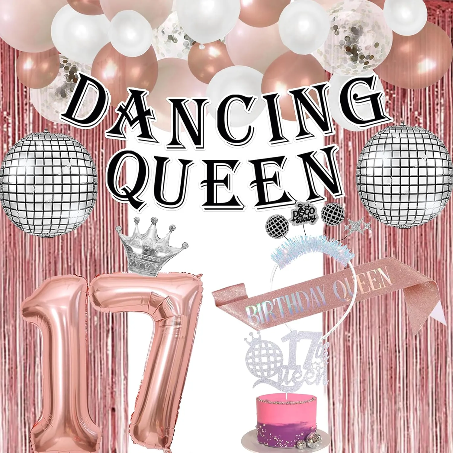 Rose Gold Dancing Queen 17th Birthday Party Decorations for Girl Women with Prestrung Banner, Tinsel Curtains, Crown 17th Disco Tiara, Sash, Cake Topper, Balloon Arch