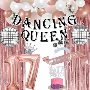 Rose Gold Dancing Queen 17th Birthday Party Decorations for Girl Women with Prestrung Banner, Tinsel Curtains, Crown 17th Disco Tiara, Sash, Cake Topper, Balloon Arch
