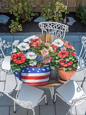 Round Fitted Tablecloth - Vintage Patriotic Floral On Wooden Board Waterproof Table Cover for Indoor Outdoor Holiday Party, Rustic USA Flag Elastic Edged Tablecloths Fit Up 45"-54" Tables