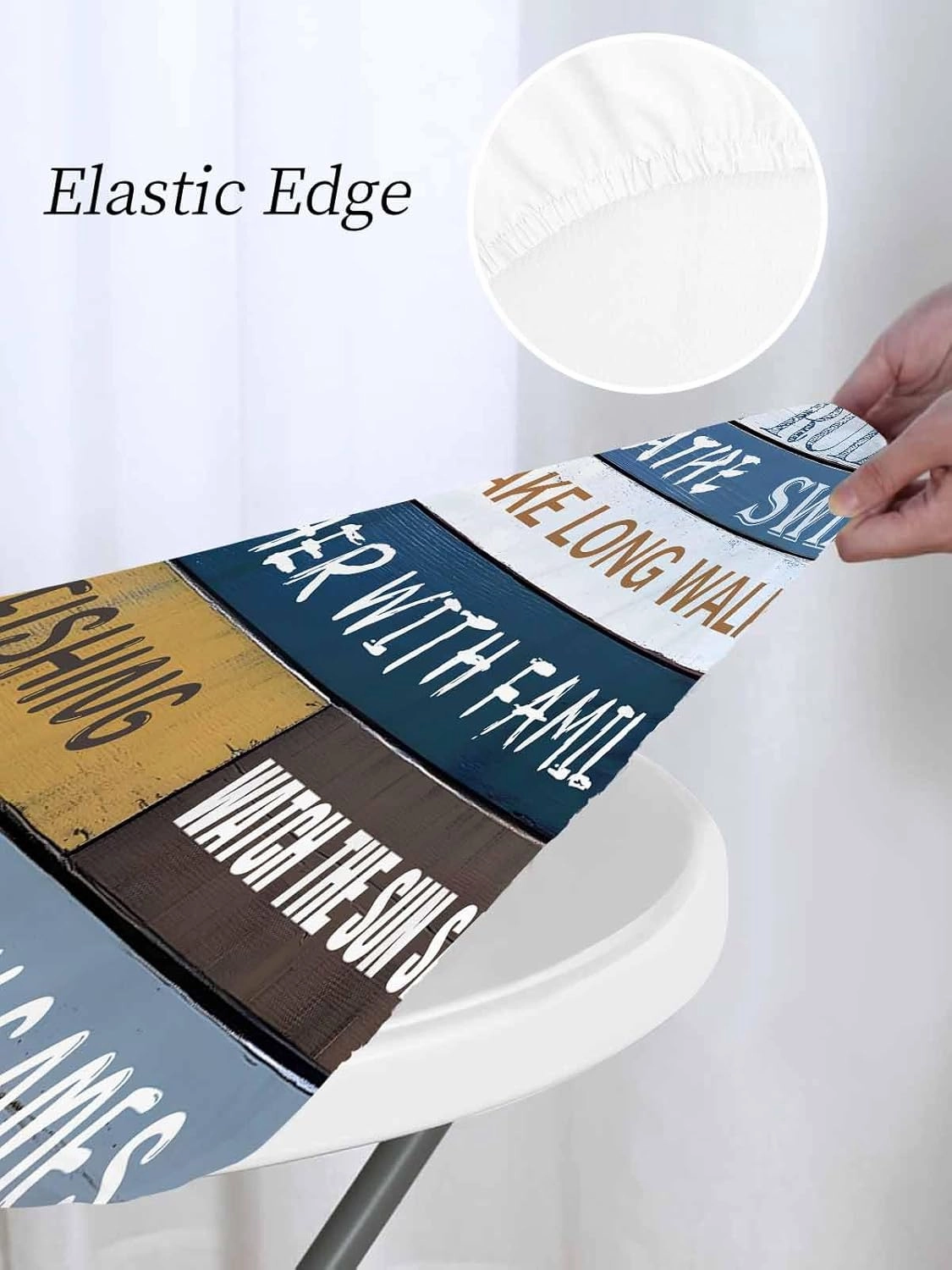 Round Fitted Tablecloth Farmhouse Blue Wooden Board Waterproof Table Cover for Indoor Outdoor Holiday Party Lake Rules Quote Wood Grain Elastic Edged Tablecloths Fit Up 45"-54" Tables