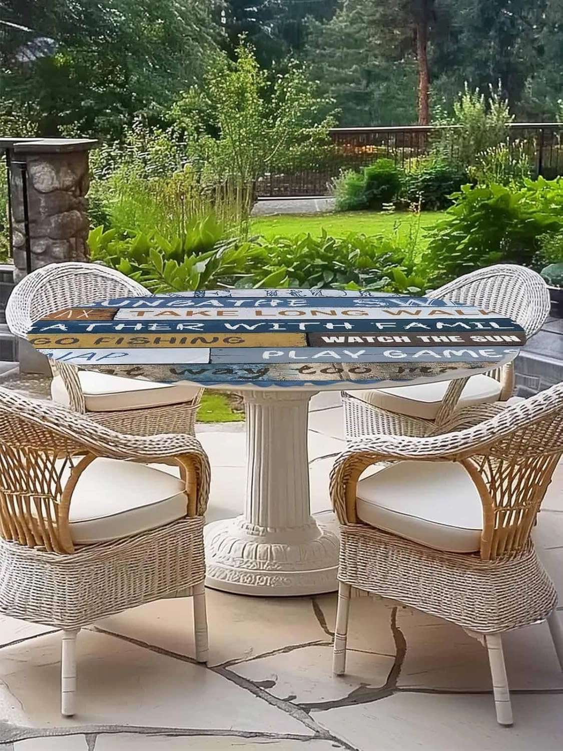 Round Fitted Tablecloth Farmhouse Blue Wooden Board Waterproof Table Cover for Indoor Outdoor Holiday Party Lake Rules Quote Wood Grain Elastic Edged Tablecloths Fit Up 45"-54" Tables