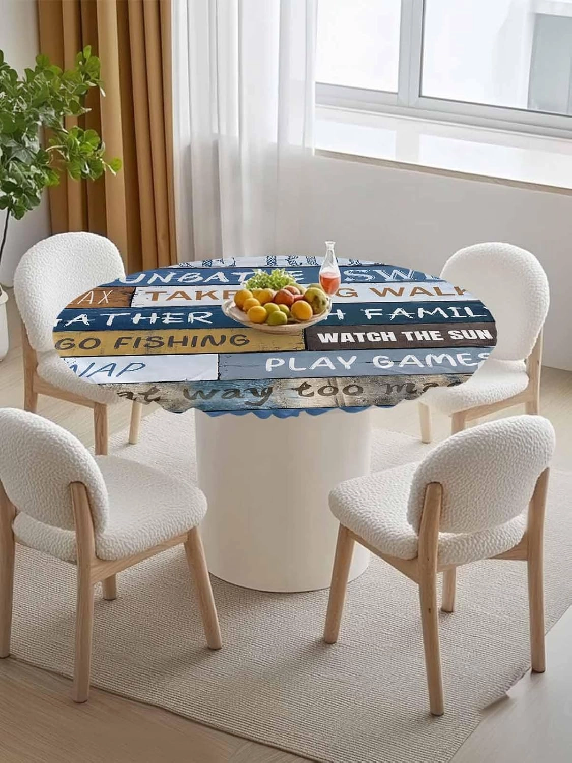 Round Fitted Tablecloth Farmhouse Blue Wooden Board Waterproof Table Cover for Indoor Outdoor Holiday Party Lake Rules Quote Wood Grain Elastic Edged Tablecloths Fit Up 45"-54" Tables