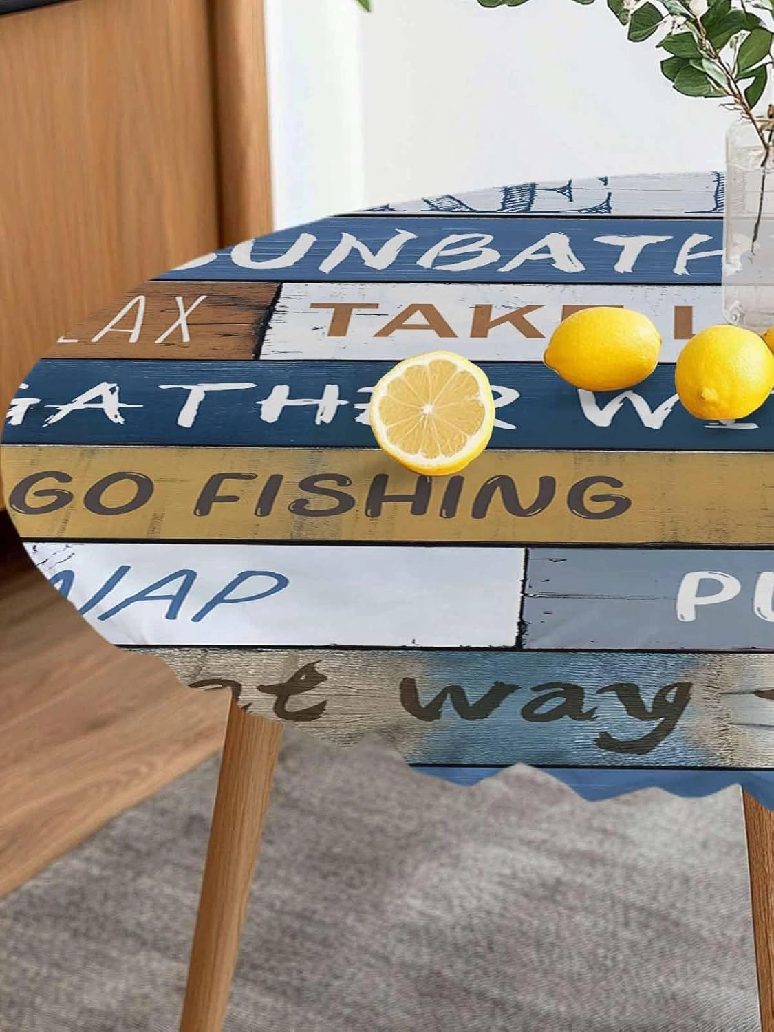 Round Fitted Tablecloth Farmhouse Blue Wooden Board Waterproof Table Cover for Indoor Outdoor Holiday Party Lake Rules Quote Wood Grain Elastic Edged Tablecloths Fit Up 45"-54" Tables