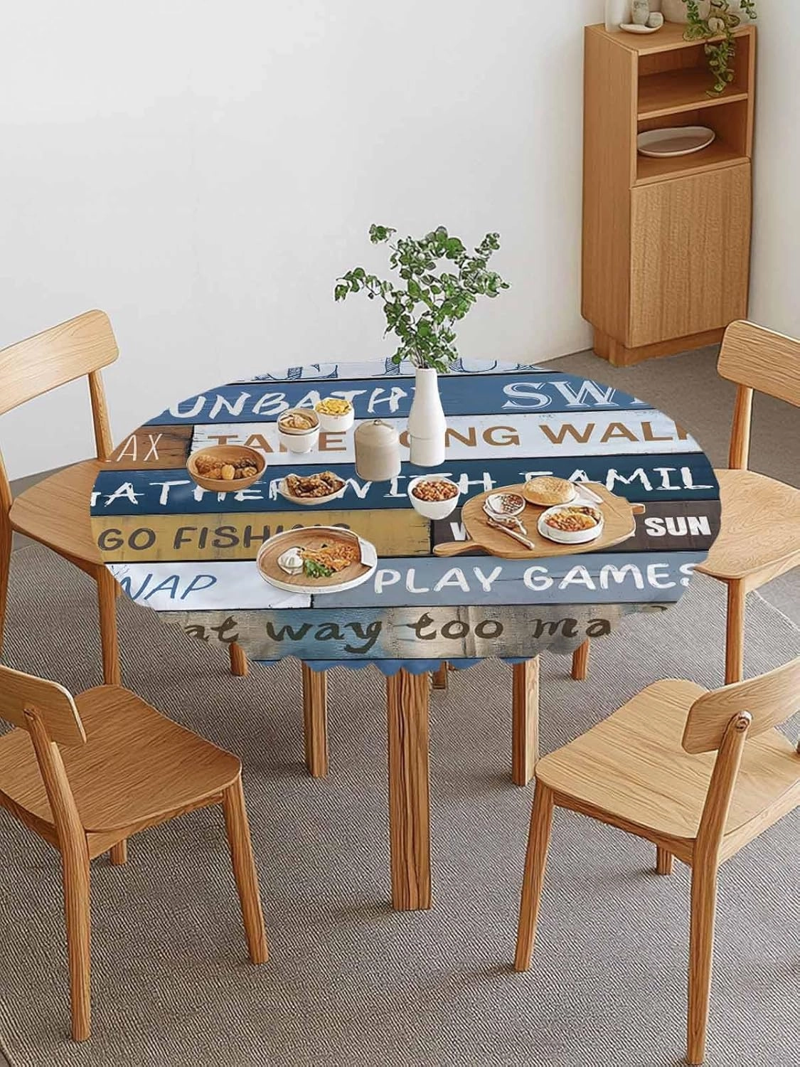 Round Fitted Tablecloth Farmhouse Blue Wooden Board Waterproof Table Cover for Indoor Outdoor Holiday Party Lake Rules Quote Wood Grain Elastic Edged Tablecloths Fit Up 45"-54" Tables