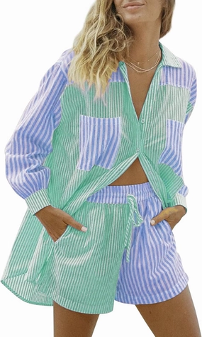 SAFRISIOR Women’s 2 Piece Casual Tracksuit Outfit Sets Stripe Long Sleeve Shirt And Loose High Waisted Mini Shorts Set