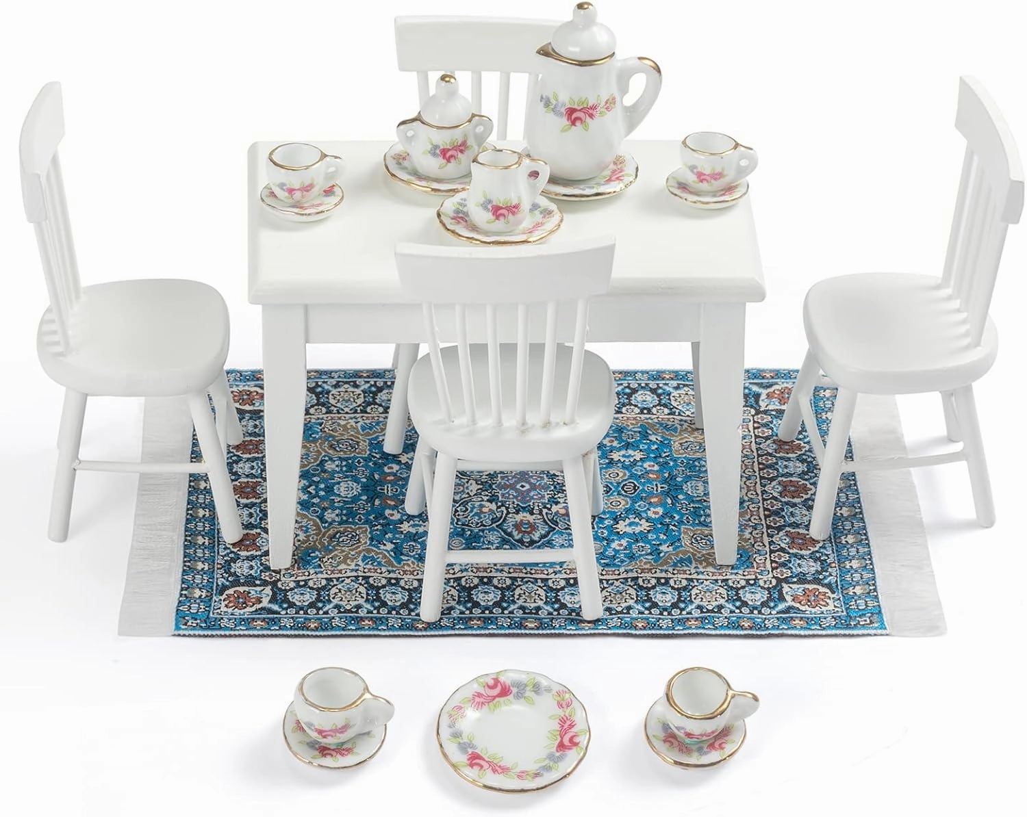SAMCAMI Miniature Dollhouse Furniture 1 12 Scale - Doll House Furniture Toys for Dollhouse Kitchen - Wooden Dollhouse Furniture Set Incl Dining Table with Chairs, Tea Set, Carpet (White)