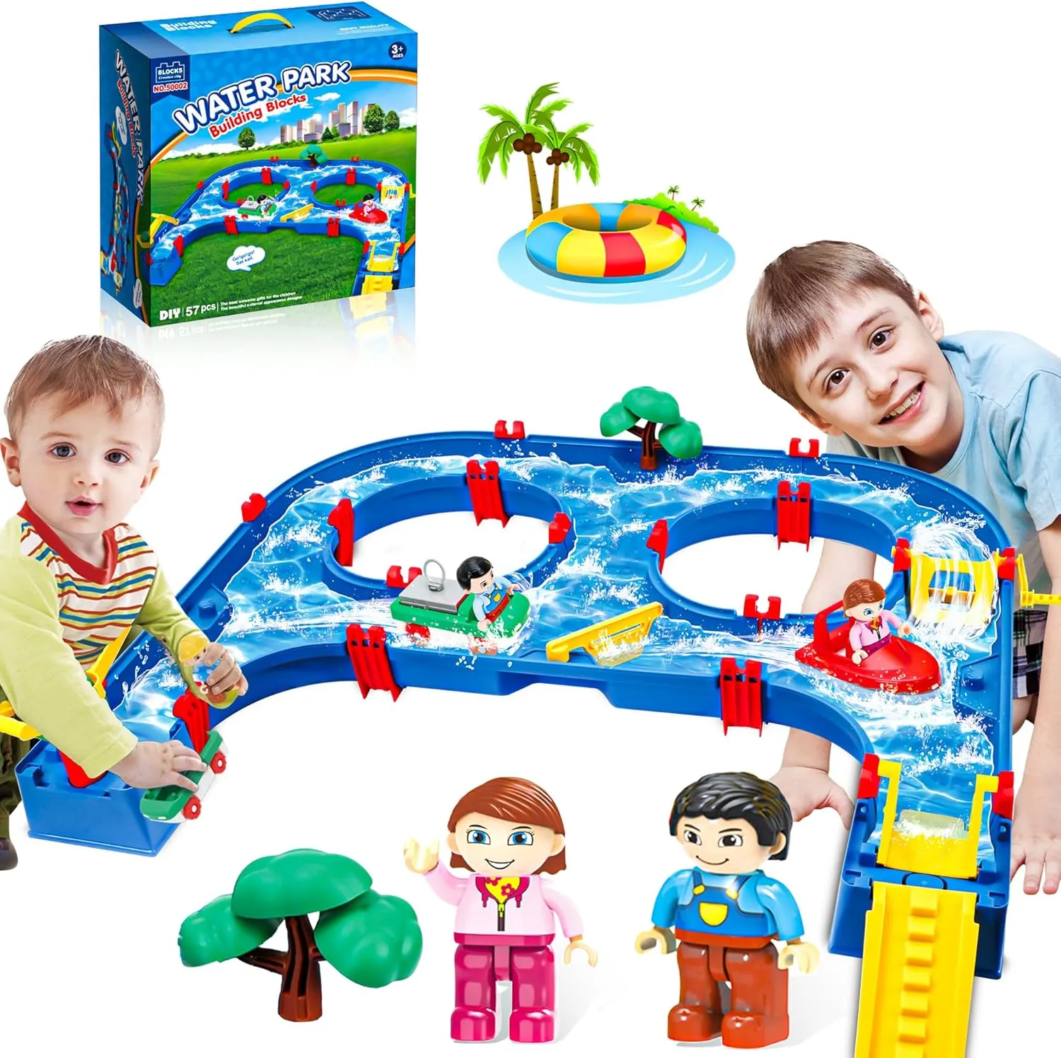 SANCO Water Table for Toddlers - Kids Water Track Playset 61PCS DIY Table Beach Toy on Backyard, Lawn, Pool - Water Toy with 4 Boats, Summer Outside Activity Funs for Toddler