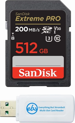 SanDisk SDXC Extreme Pro 512GB Memory Card Works with Panasonic Lumix DC-GH7 and DC-G9 II Mirrorless Camera (SDSDXXD-512G-GN4IN) Bundle with (1) Everything But Stromboli MicroSD & SD Card Reader
