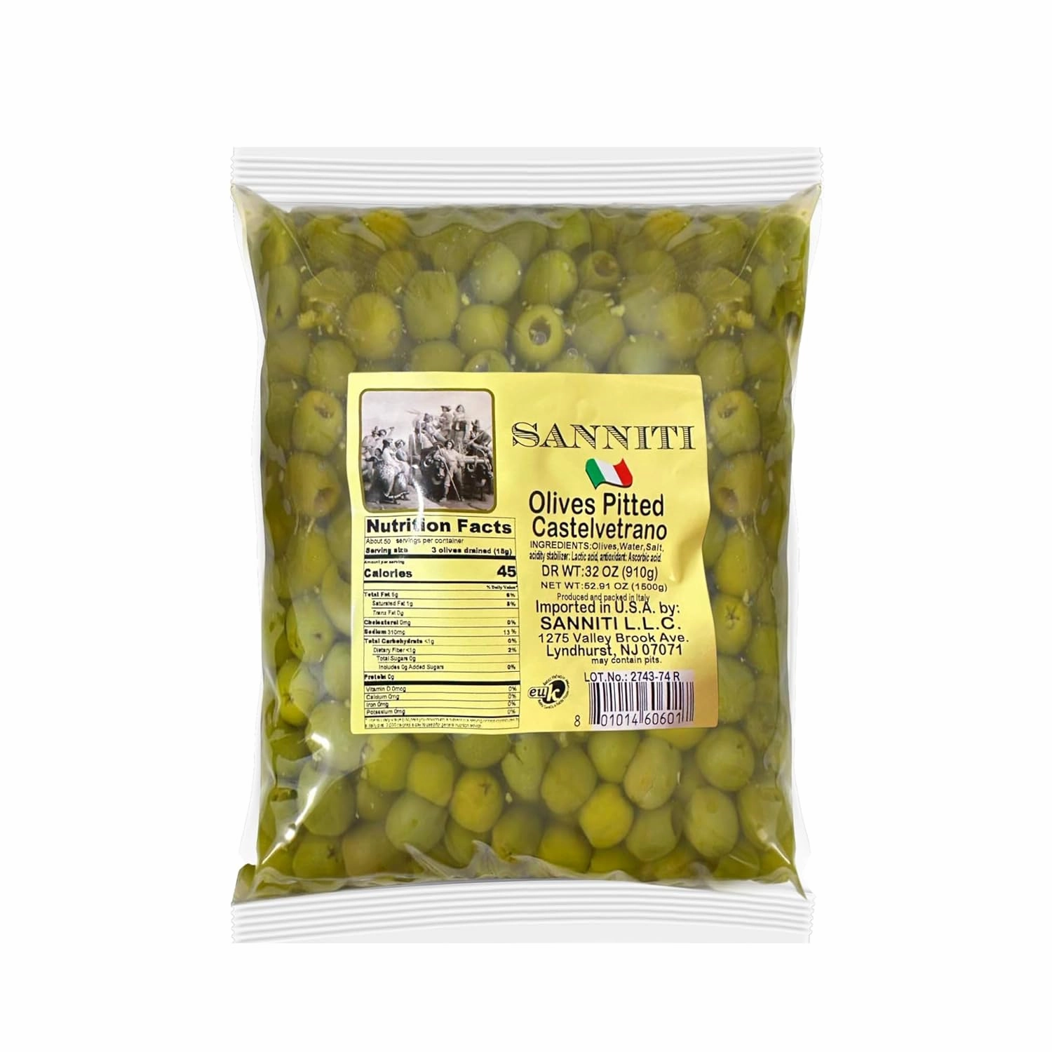 Sanniti Castelvetrano Green Olives | Sicilian Castelvetrano Olives in a Bag | Imported from Italy | Dr Wt 32 oz (910g), Net Wt 52.91 oz (1500g) (Pitted)