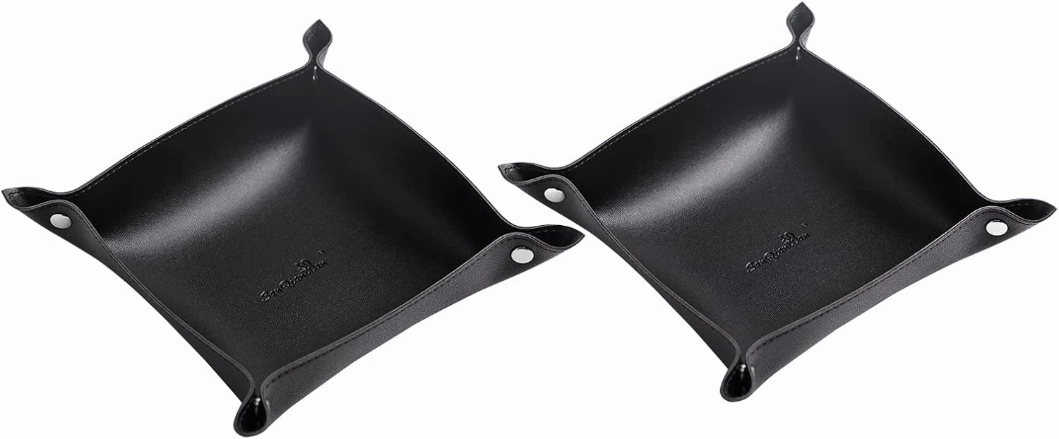 SANQIANWAN Leather Jewelry Valet Tray for Women and Man, Portable Entryway Table Tray Bedside Nightstand Desk Tray Small Catchall Travel Dish Plate for Key,Wallet,Watch,Coin (2PCs Black-B)