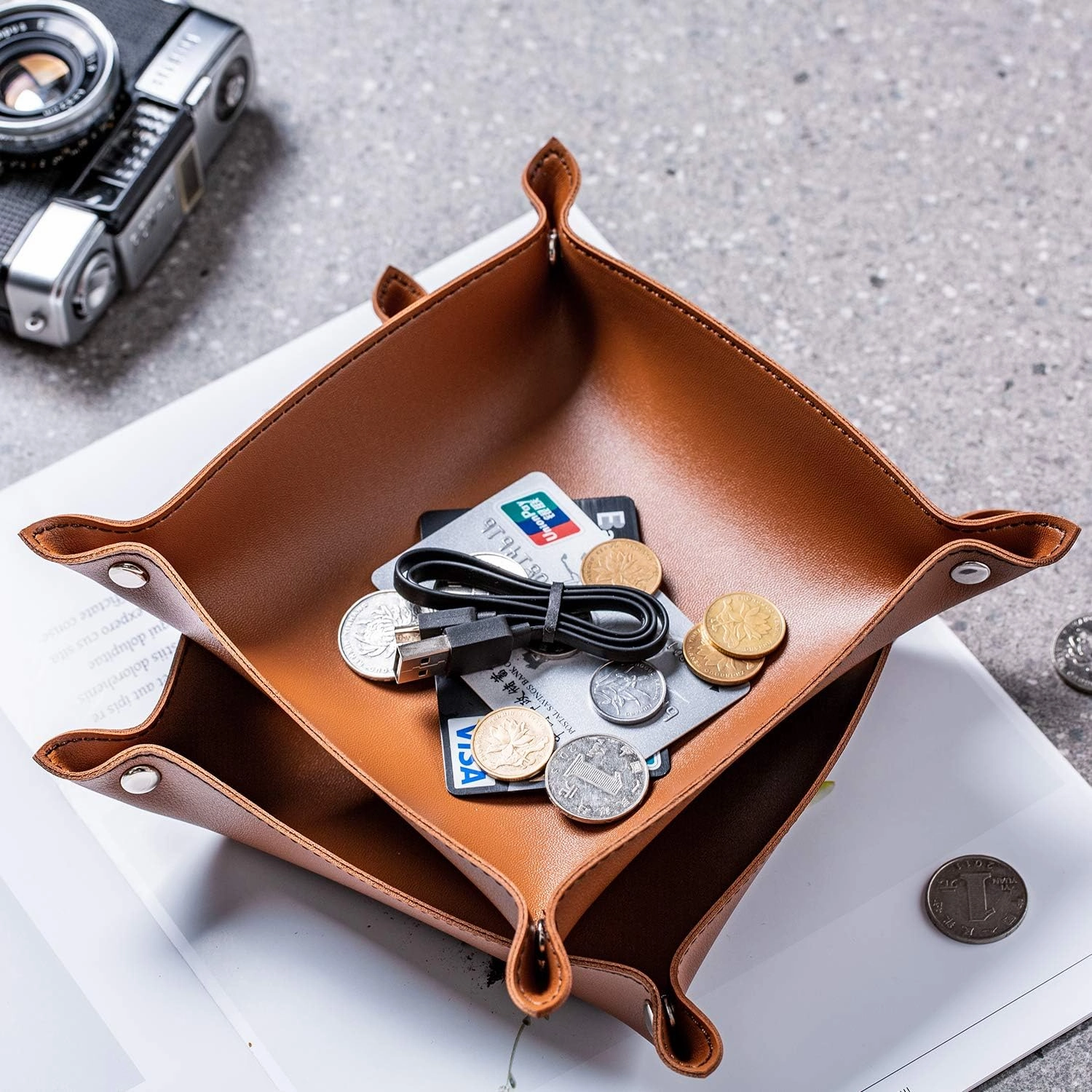 SANQIANWAN Leather Jewelry Valet Tray for Women and Man, Portable Entryway Table Tray Bedside Nightstand Desk Tray Small Catchall Travel Dish Plate for Key,Wallet,Watch,Coin (2PCs Brown-B)