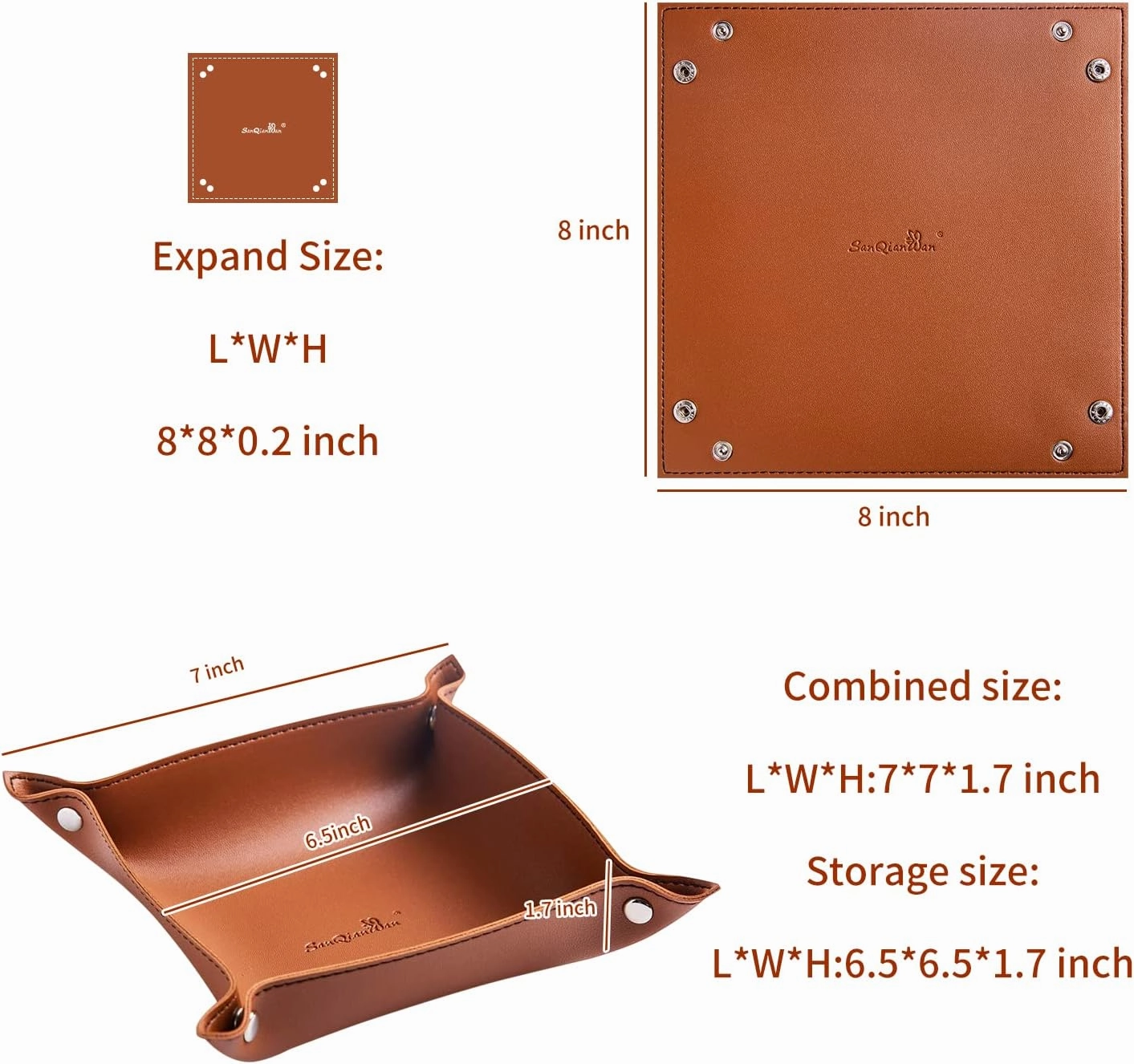 SANQIANWAN Leather Jewelry Valet Tray for Women and Man, Portable Entryway Table Tray Bedside Nightstand Desk Tray Small Catchall Travel Dish Plate for Key,Wallet,Watch,Coin (2PCs Brown-B)