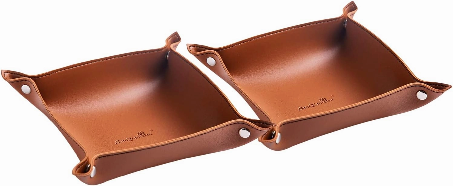 SANQIANWAN Leather Jewelry Valet Tray for Women and Man, Portable Entryway Table Tray Bedside Nightstand Desk Tray Small Catchall Travel Dish Plate for Key,Wallet,Watch,Coin (2PCs Brown-B)