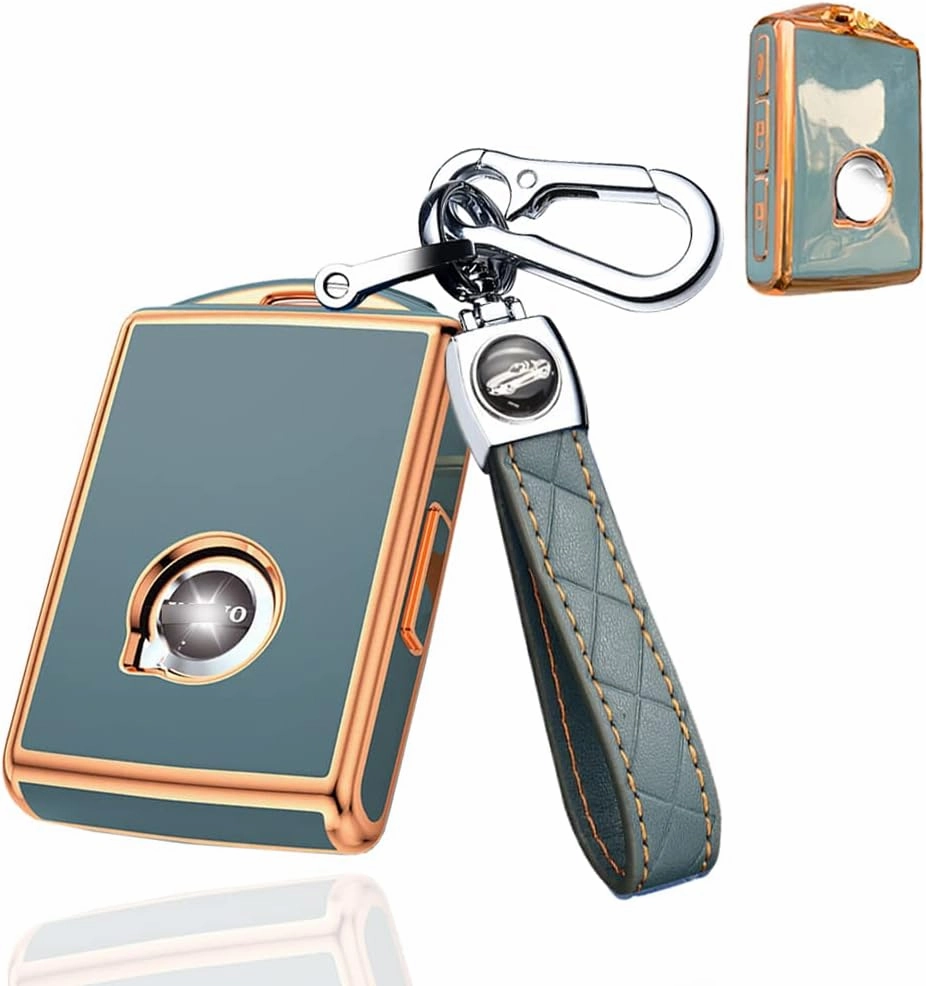 SANRILY 1 Pcs for Volvo Key Fob Cover XC90 XC60 S60 XC40 Keyless Full Covered Key Protector Shell with Keychain TPU Fashion Golden Edge Key Case Grey-Blue