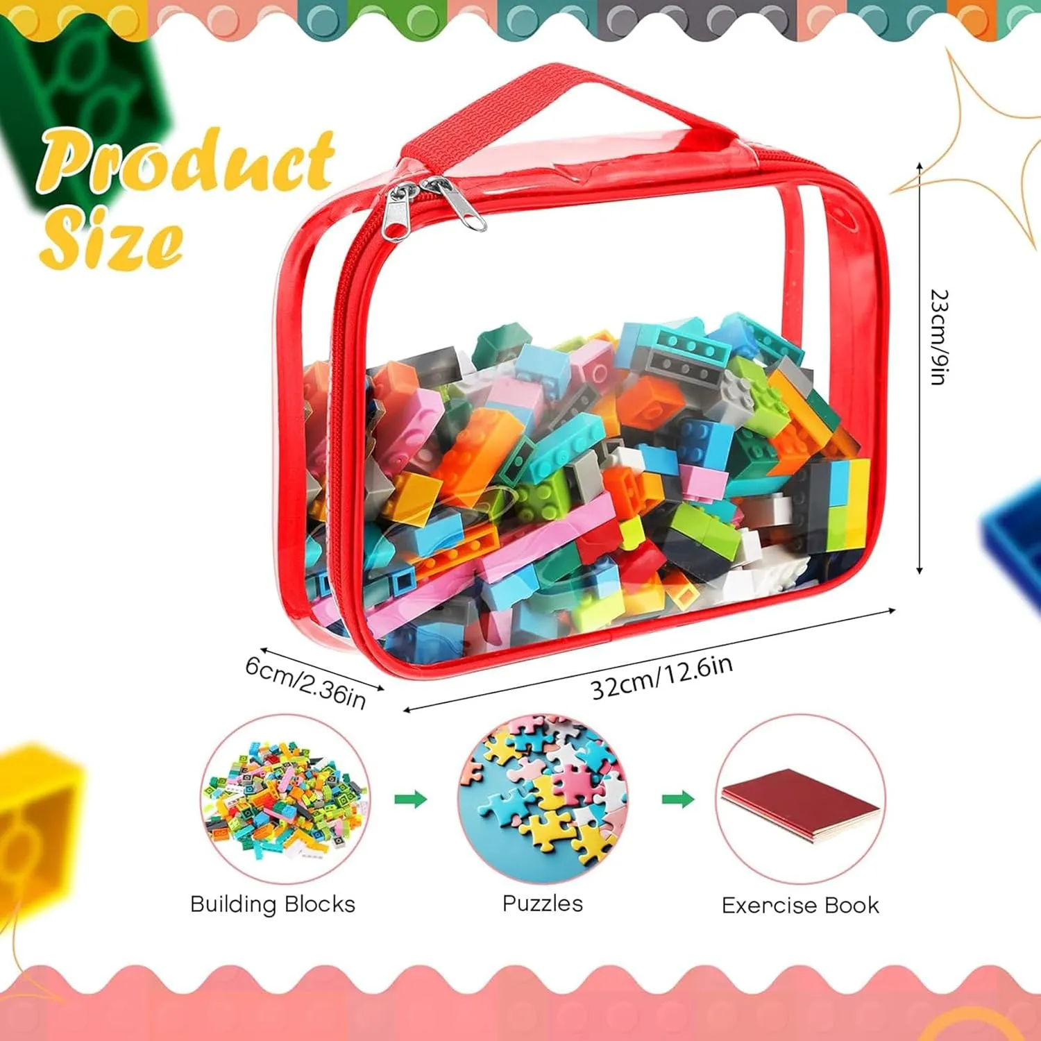 Sanwuta 3 Packs Toy Storage Bags with Zipper, Clear PVC Organizing Waterproof Toy Bags for Board Games, Building Blocks, and Kids Books(12.6 x 9 x 2.36 Inch,Red, Blue, Orange)
