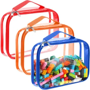 Sanwuta 3 Packs Toy Storage Bags with Zipper, Clear PVC Organizing Waterproof Toy Bags for Board Games, Building Blocks, and Kids Books(12.6 x 9 x 2.36 Inch,Red, Blue, Orange)