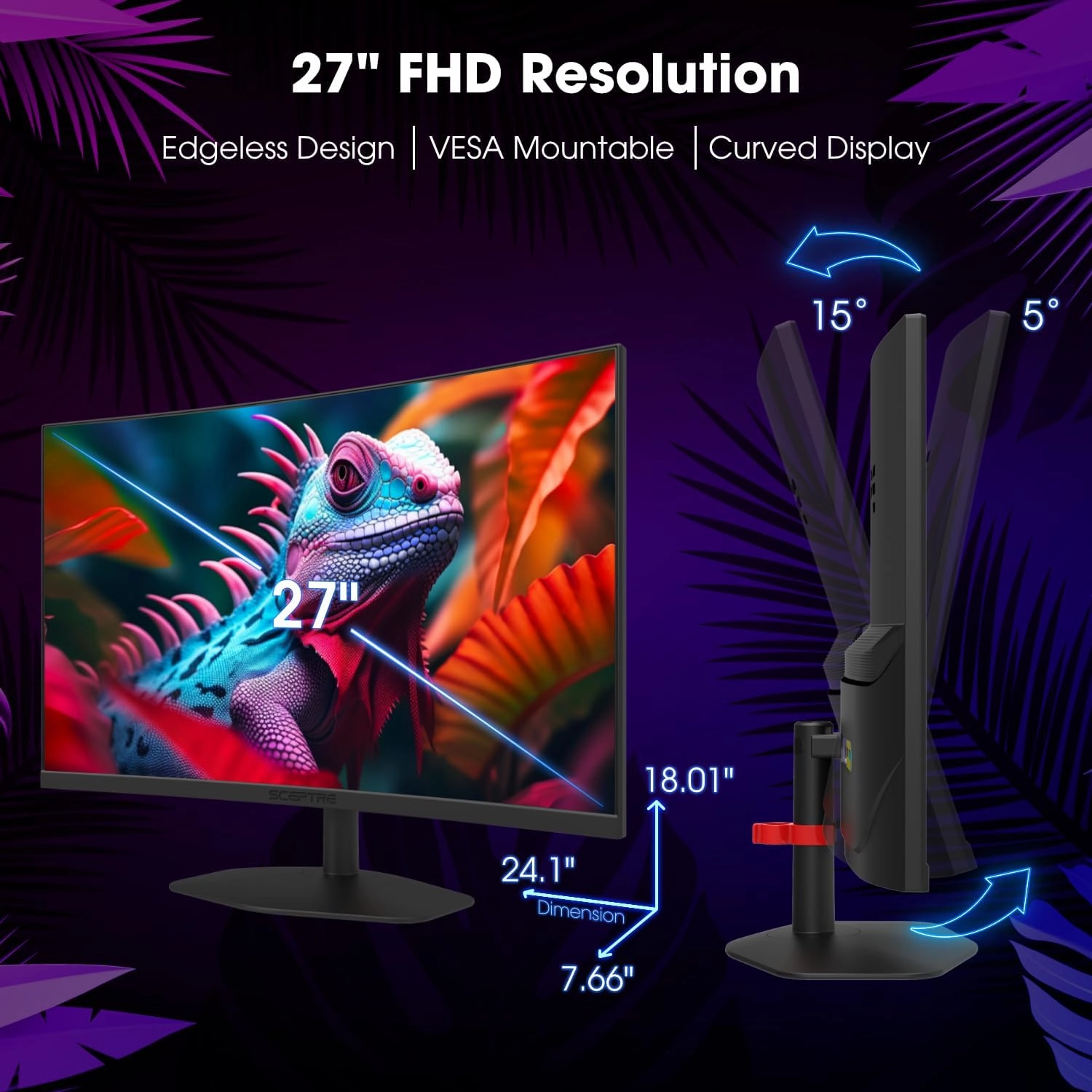 Sceptre Curved 27-inch Gaming Monitor 1500R 100Hz HDMI X2 DisplayPort 1ms 100% sRGB, Build-in Speakers Machine Black 2024 (C275W-FW100T)