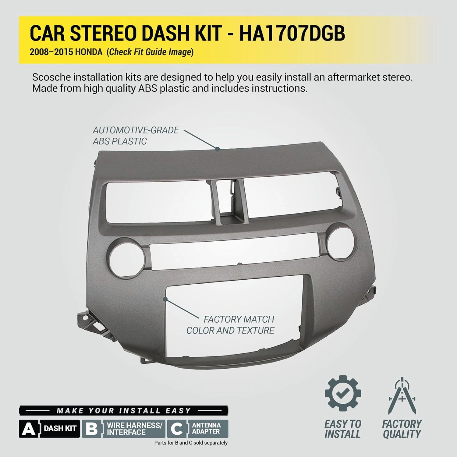 Scosche HA1707DGB Compatible with 2008-12 Honda Accord ISO Double DIN & DIN Pocket Dash Kit; Dk Gray