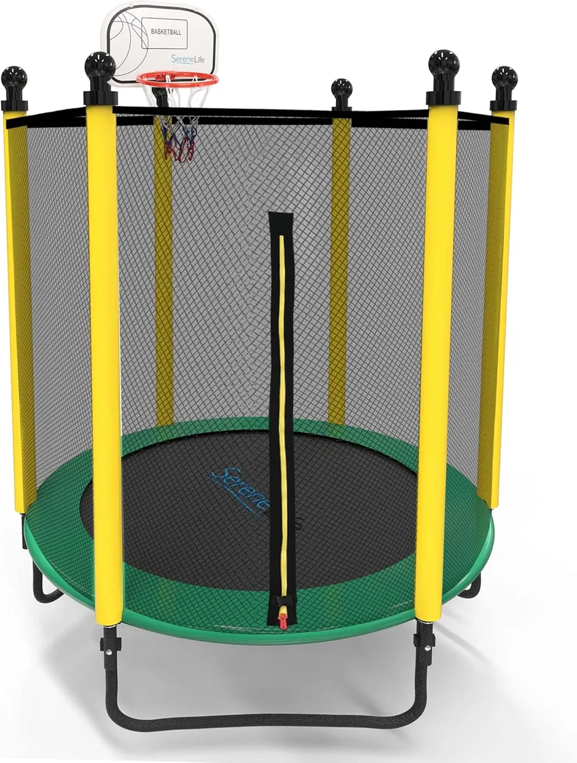 SereneLife 5FT Outdoor & Indoor Trampoline for Kids – Durable Mini Toddler Trampoline with Net Enclosure & Basketball Hoop - Supports 176 lbs, 60"x76"