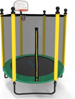 SereneLife 5FT Outdoor & Indoor Trampoline for Kids – Durable Mini Toddler Trampoline with Net Enclosure & Basketball Hoop - Supports 176 lbs, 60"x76"