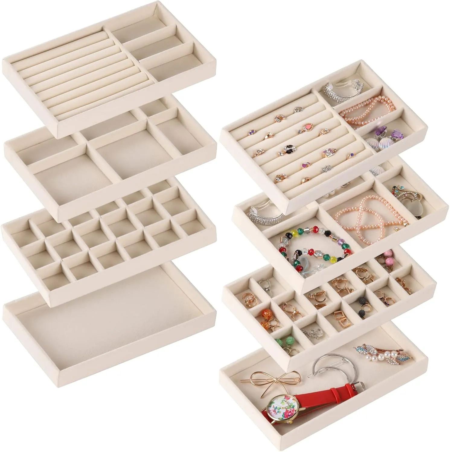 Set of 8 Stackable Jewelry Organizer Stackable Trays,Jewelry Drawer Inserts Container Display Case Storage for Earring Necklace Rings Bracelet Watch with Removable Dividers-Beige