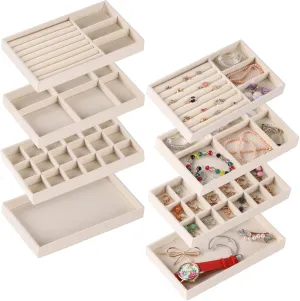 Set of 8 Stackable Jewelry Organizer Stackable Trays,Jewelry Drawer Inserts Container Display Case Storage for Earring Necklace Rings Bracelet Watch with Removable Dividers-Beige
