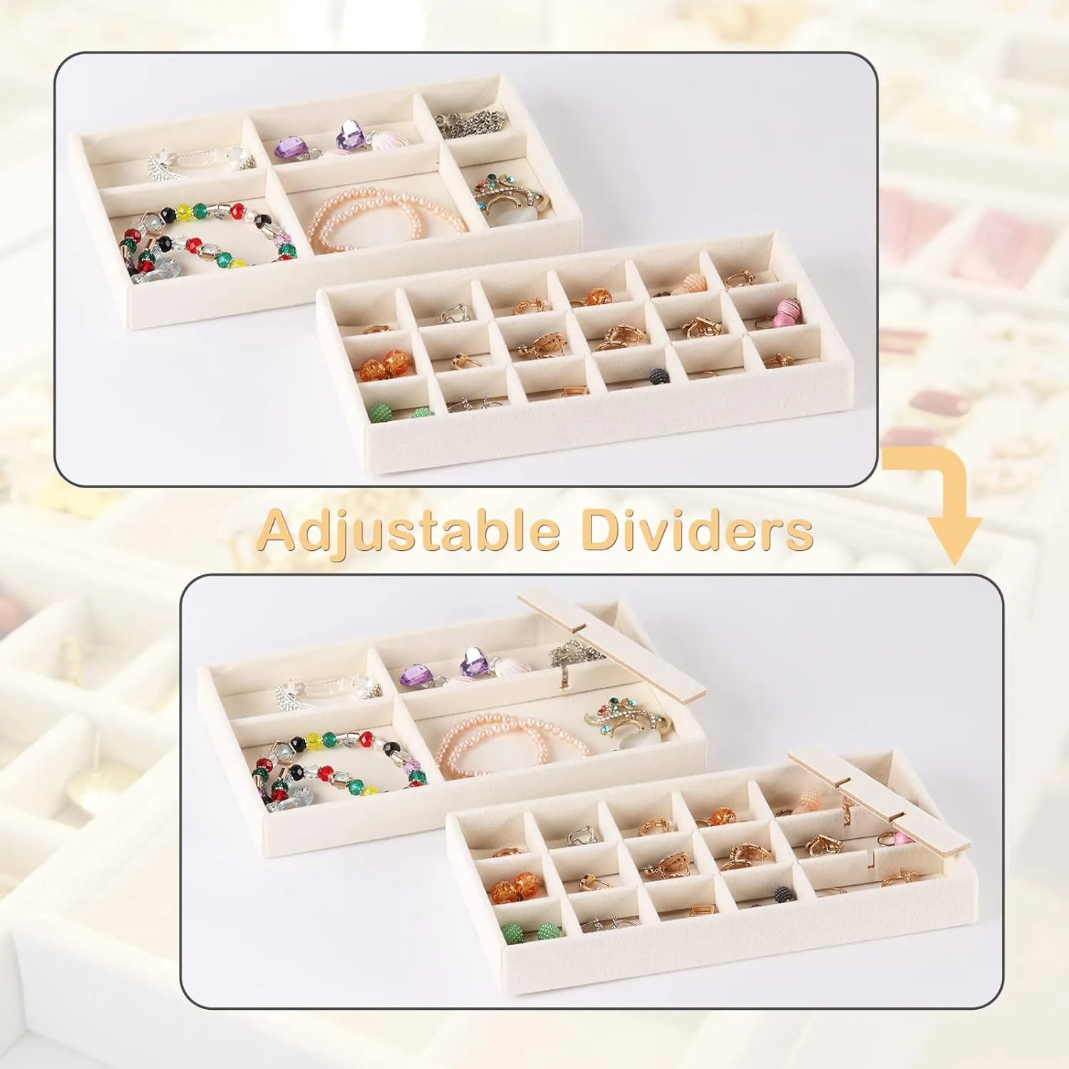 Set of 8 Stackable Jewelry Organizer Stackable Trays,Jewelry Drawer Inserts Container Display Case Storage for Earring Necklace Rings Bracelet Watch with Removable Dividers-Beige