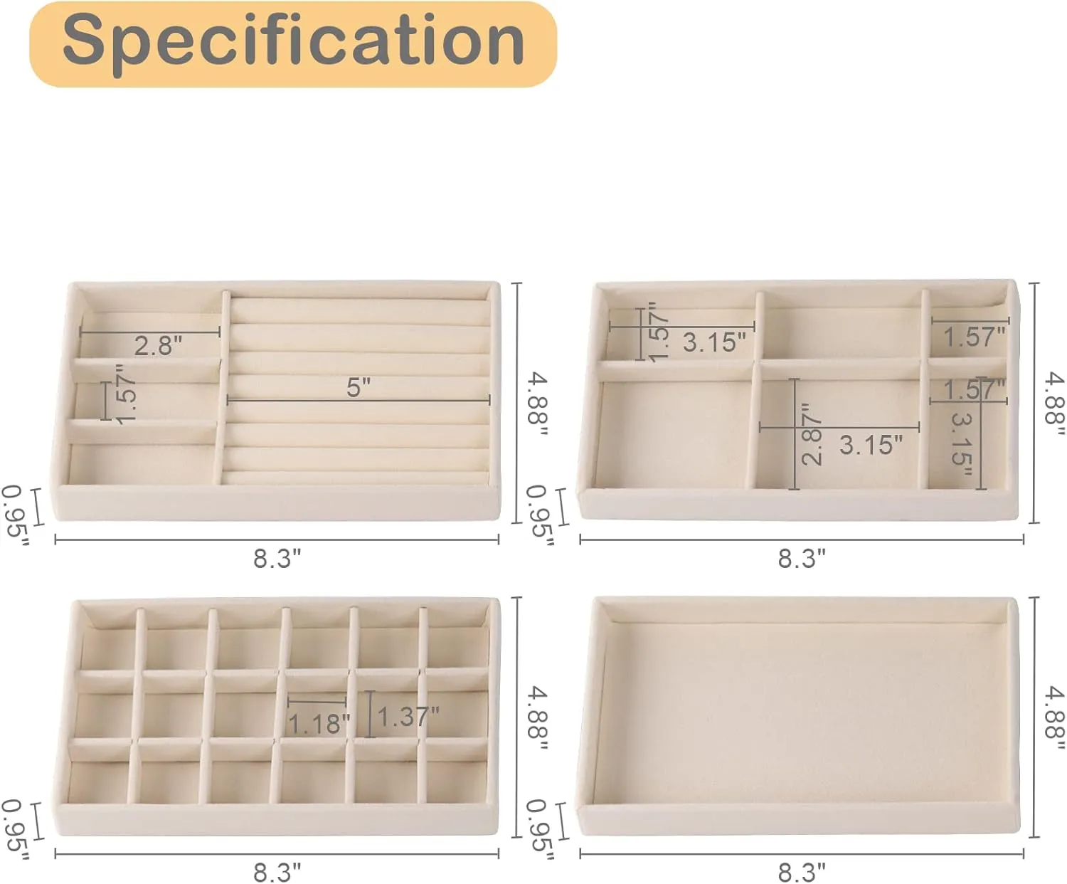 Set of 8 Stackable Jewelry Organizer Stackable Trays,Jewelry Drawer Inserts Container Display Case Storage for Earring Necklace Rings Bracelet Watch with Removable Dividers-Beige