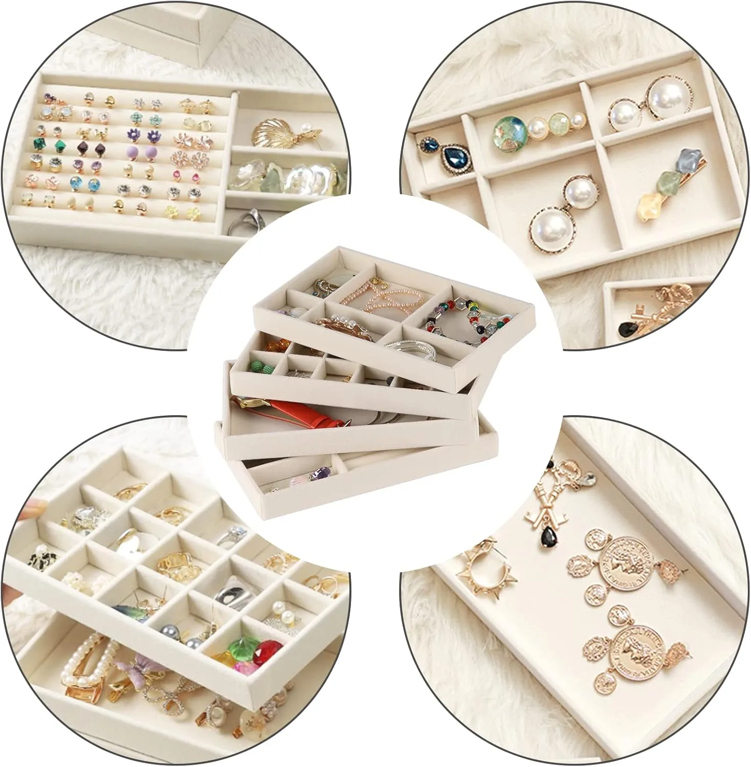Set of 8 Stackable Jewelry Organizer Stackable Trays,Jewelry Drawer Inserts Container Display Case Storage for Earring Necklace Rings Bracelet Watch with Removable Dividers-Beige