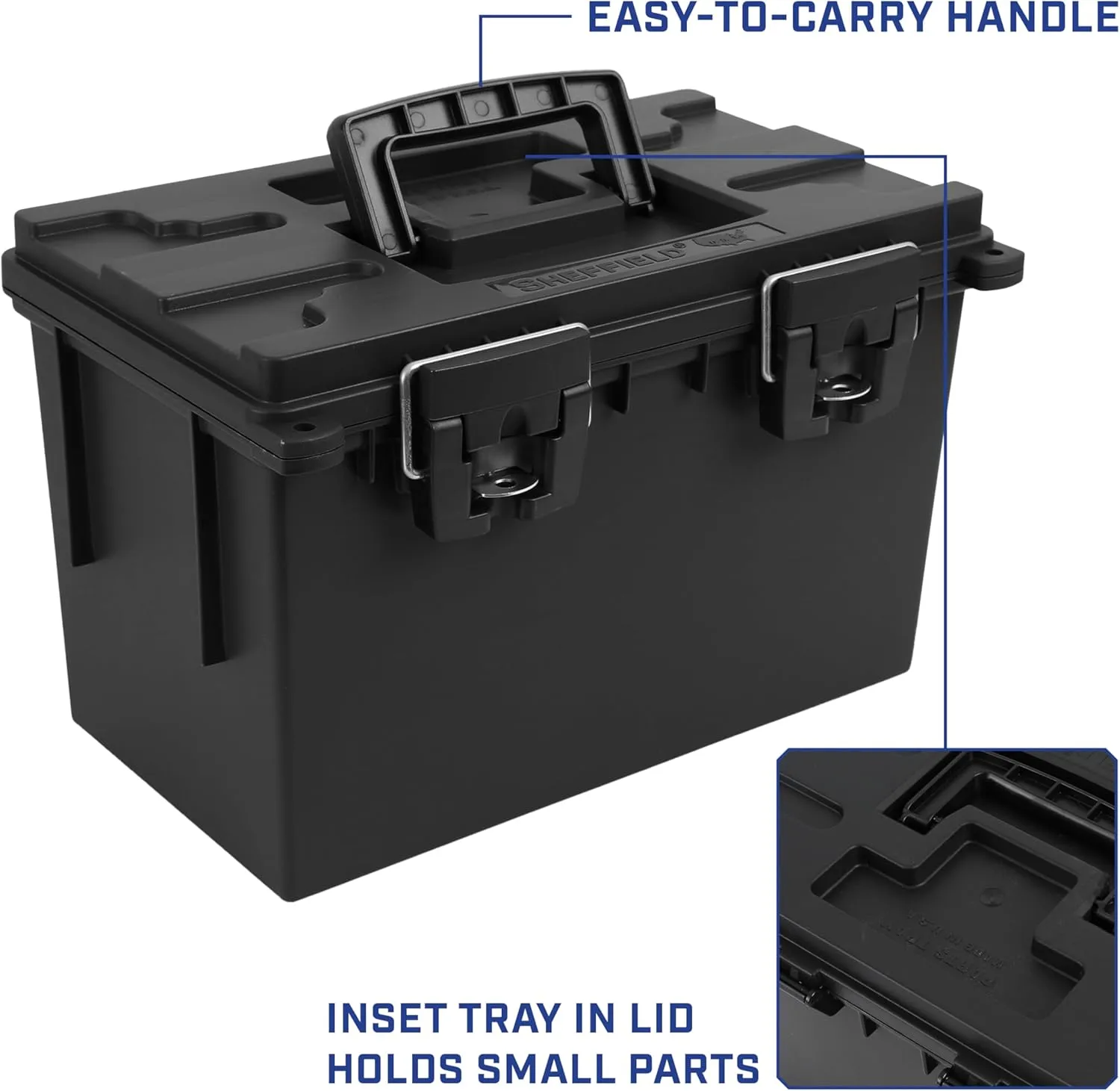 Sheffield 12773 2-Pack XL Ammo Storage Box, Stackable .50 Cal Field Boxes, Water and Dust Resistant, Lockable Storage Box with Handle, Heavy Duty Protection for Hunting Gear, Made in the USA, Black