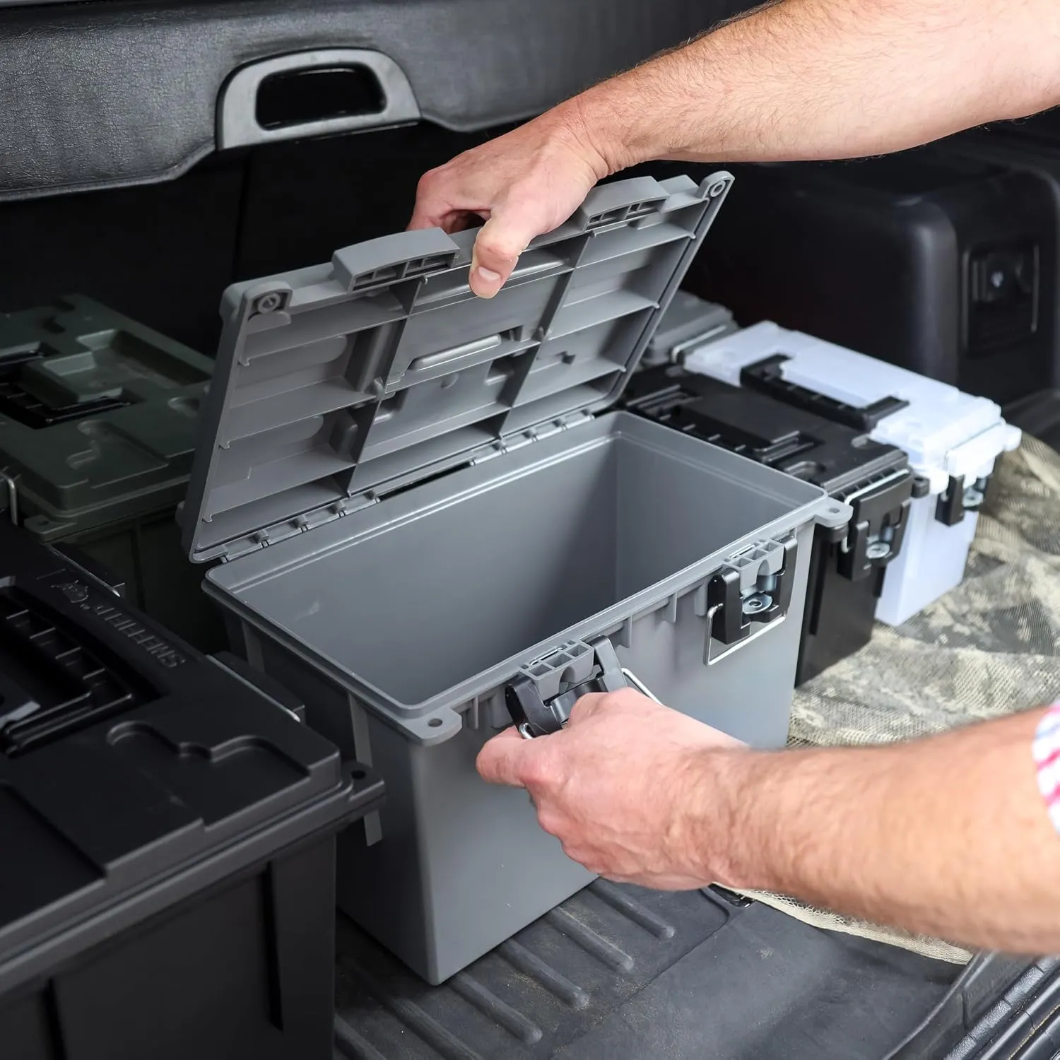 Sheffield 12775 2-Pack XL Ammo Storage Box, Stackable .50 Cal Field Boxes, Water and Dust Resistant, Lockable Storage Box with Handle, Heavy Duty Protection for Hunting Gear, Made in the USA, Gray
