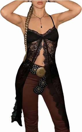 SHENHE Women's Y2k Lace Split Front Long Tank Camisole Sheer Sexy Country Concert Rave Shirt