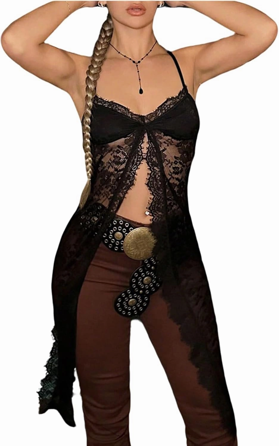 SHENHE Women's Y2k Lace Split Front Long Tank Camisole Sheer Sexy Country Concert Rave Shirt