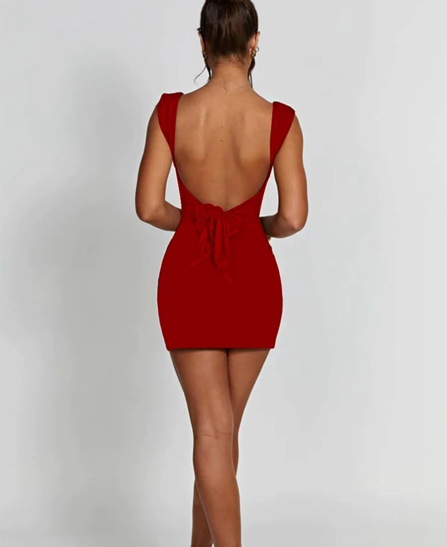 SHESEEWORLD Women's Sexy Summer Sleeveless Tie Waist Back Square Neck Backless Slit Hem Ruched Bodycon Mini Tank Dress