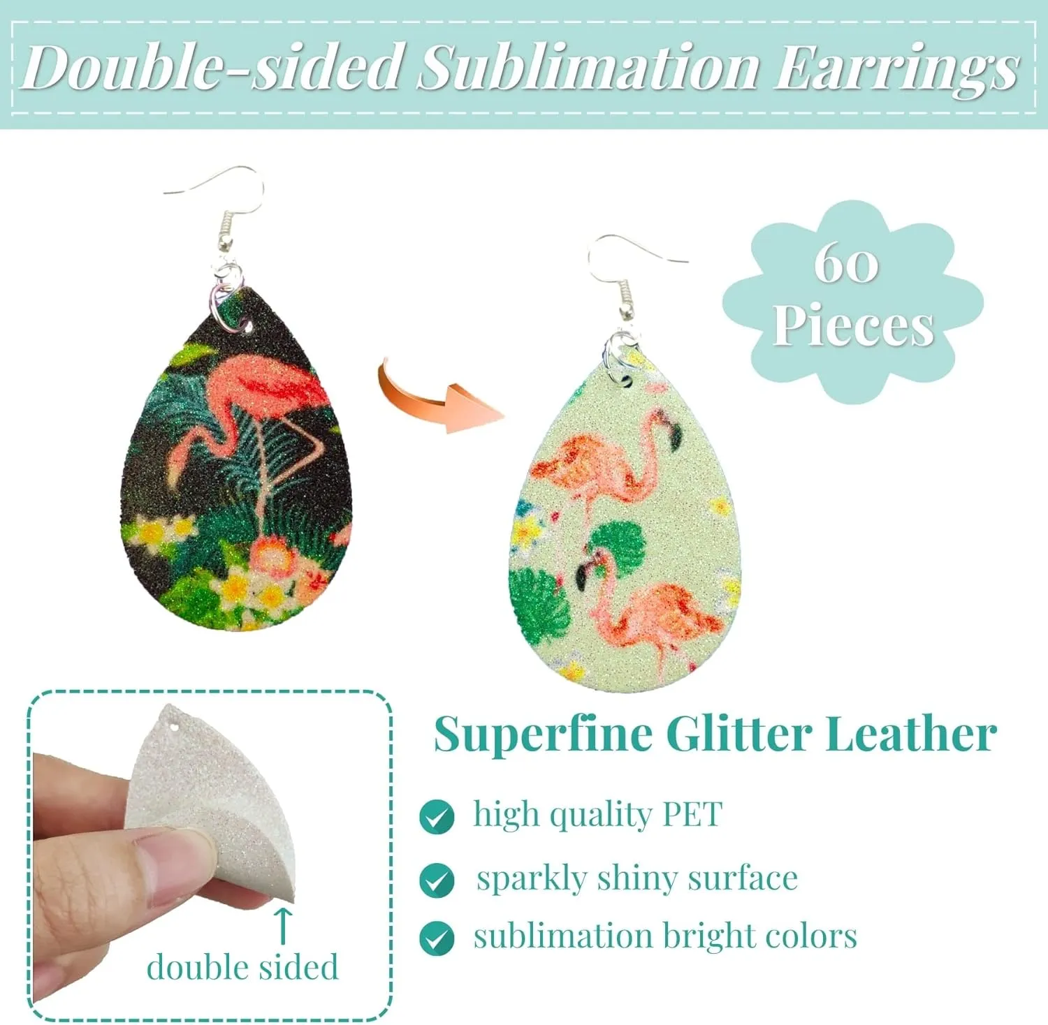 SHUANGART 60 Pcs Sublimation Earring Blanks Double-Sided Superfine Glitter Teardrop Shape, Unfinished Faux Leather Earrings with Sublimation Paper for Christmas DIY Jewelry Making (White)
