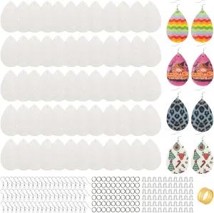 SHUANGART 60 Pcs Sublimation Earring Blanks Double-Sided Superfine Glitter Teardrop Shape, Unfinished Faux Leather Earrings with Sublimation Paper for Christmas DIY Jewelry Making (White)
