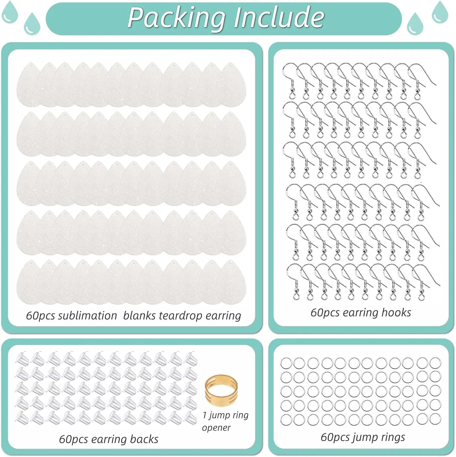 SHUANGART 60 Pcs Sublimation Earring Blanks Double-Sided Superfine Glitter Teardrop Shape, Unfinished Faux Leather Earrings with Sublimation Paper for Christmas DIY Jewelry Making (White)