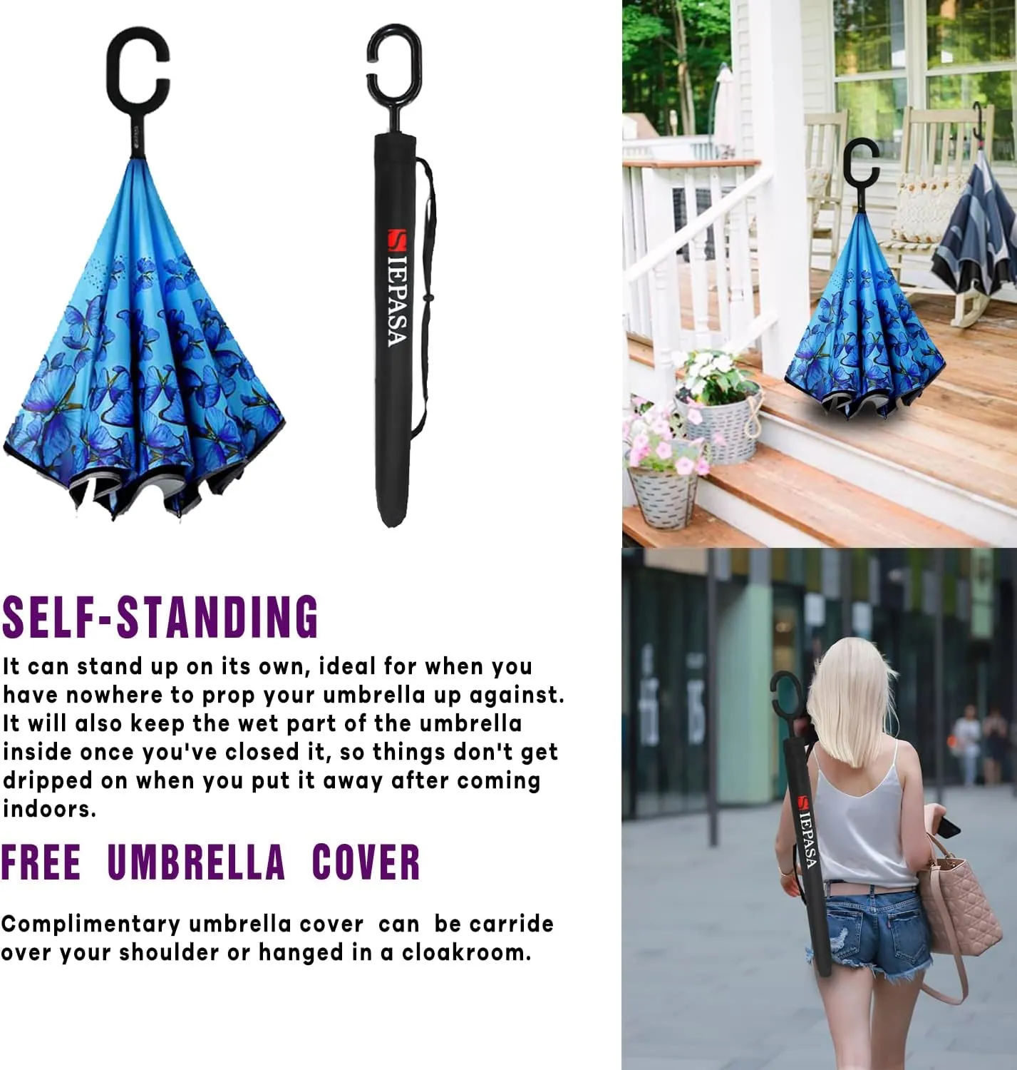 SIEPASA 49/56 Inch Inverted Reverse Upside Down Umbrella, Extra Large Double Canopy Vented Windproof Waterproof Stick Golf Umbrellas with C-shape Handle.