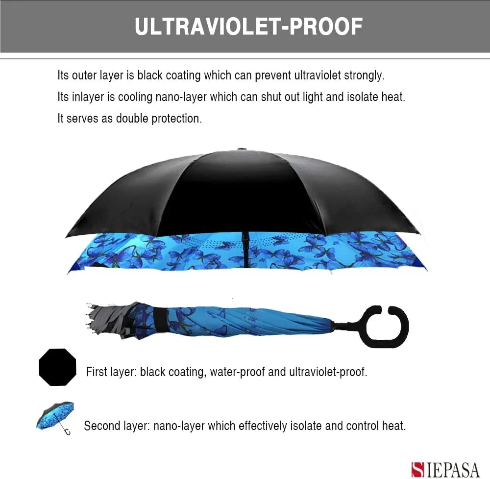 SIEPASA 49/56 Inch Inverted Reverse Upside Down Umbrella, Extra Large Double Canopy Vented Windproof Waterproof Stick Golf Umbrellas with C-shape Handle.