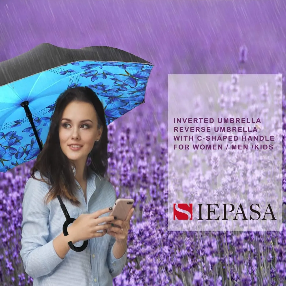 SIEPASA 49/56 Inch Inverted Reverse Upside Down Umbrella, Extra Large Double Canopy Vented Windproof Waterproof Stick Golf Umbrellas with C-shape Handle.