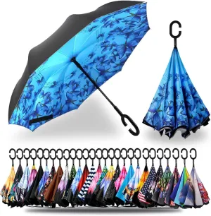 SIEPASA 49/56 Inch Inverted Reverse Upside Down Umbrella, Extra Large Double Canopy Vented Windproof Waterproof Stick Golf Umbrellas with C-shape Handle.