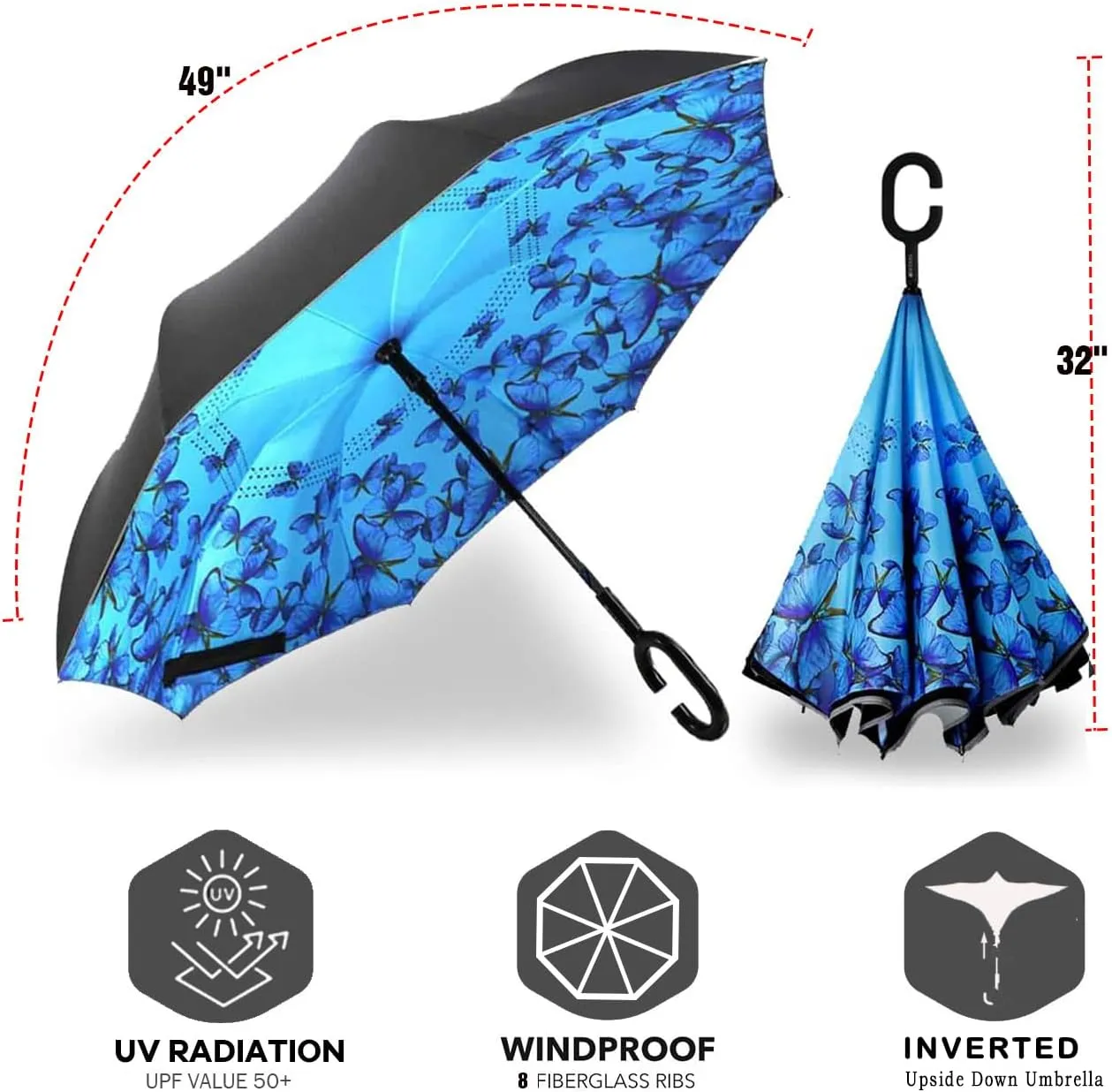 SIEPASA 49/56 Inch Inverted Reverse Upside Down Umbrella, Extra Large Double Canopy Vented Windproof Waterproof Stick Golf Umbrellas with C-shape Handle.