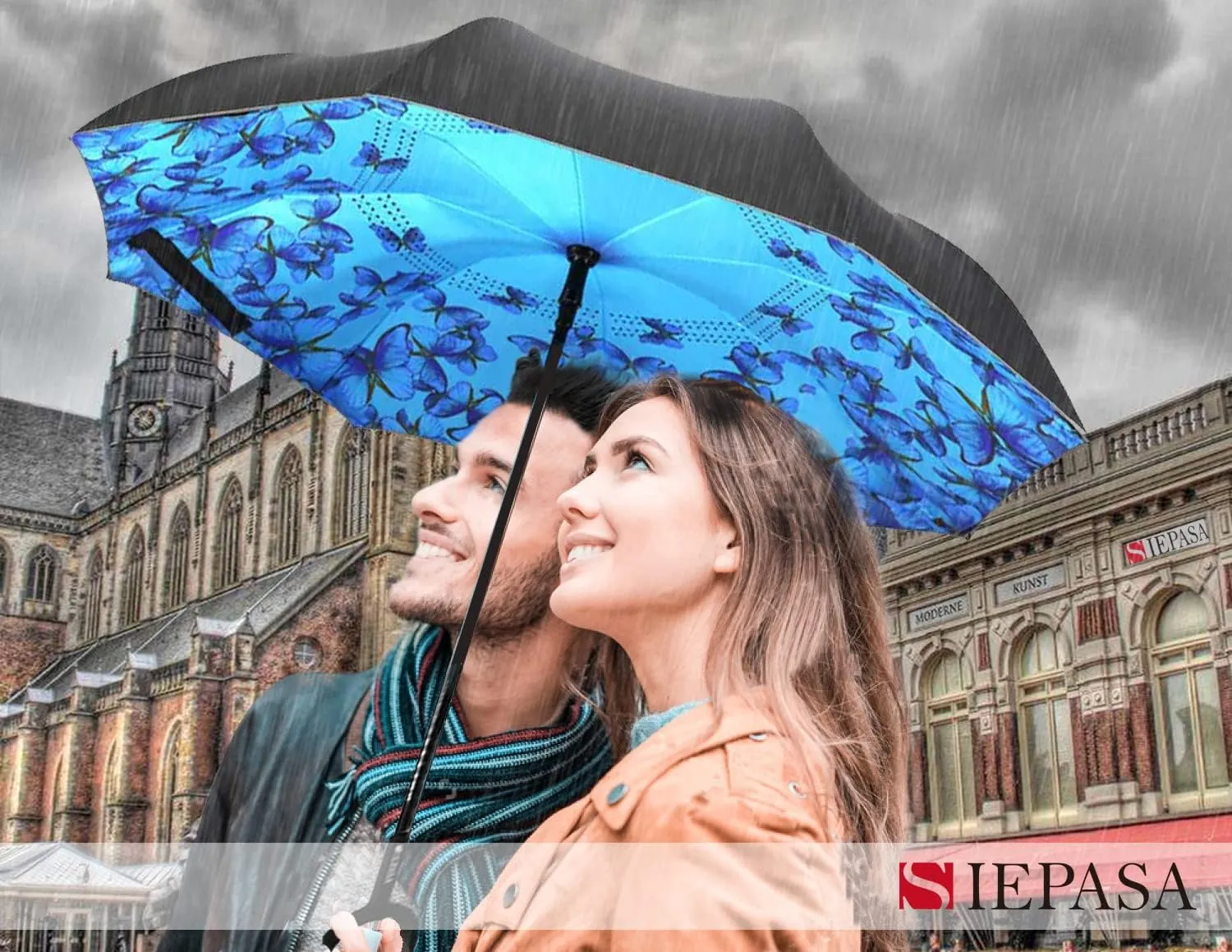 SIEPASA 49/56 Inch Inverted Reverse Upside Down Umbrella, Extra Large Double Canopy Vented Windproof Waterproof Stick Golf Umbrellas with C-shape Handle.