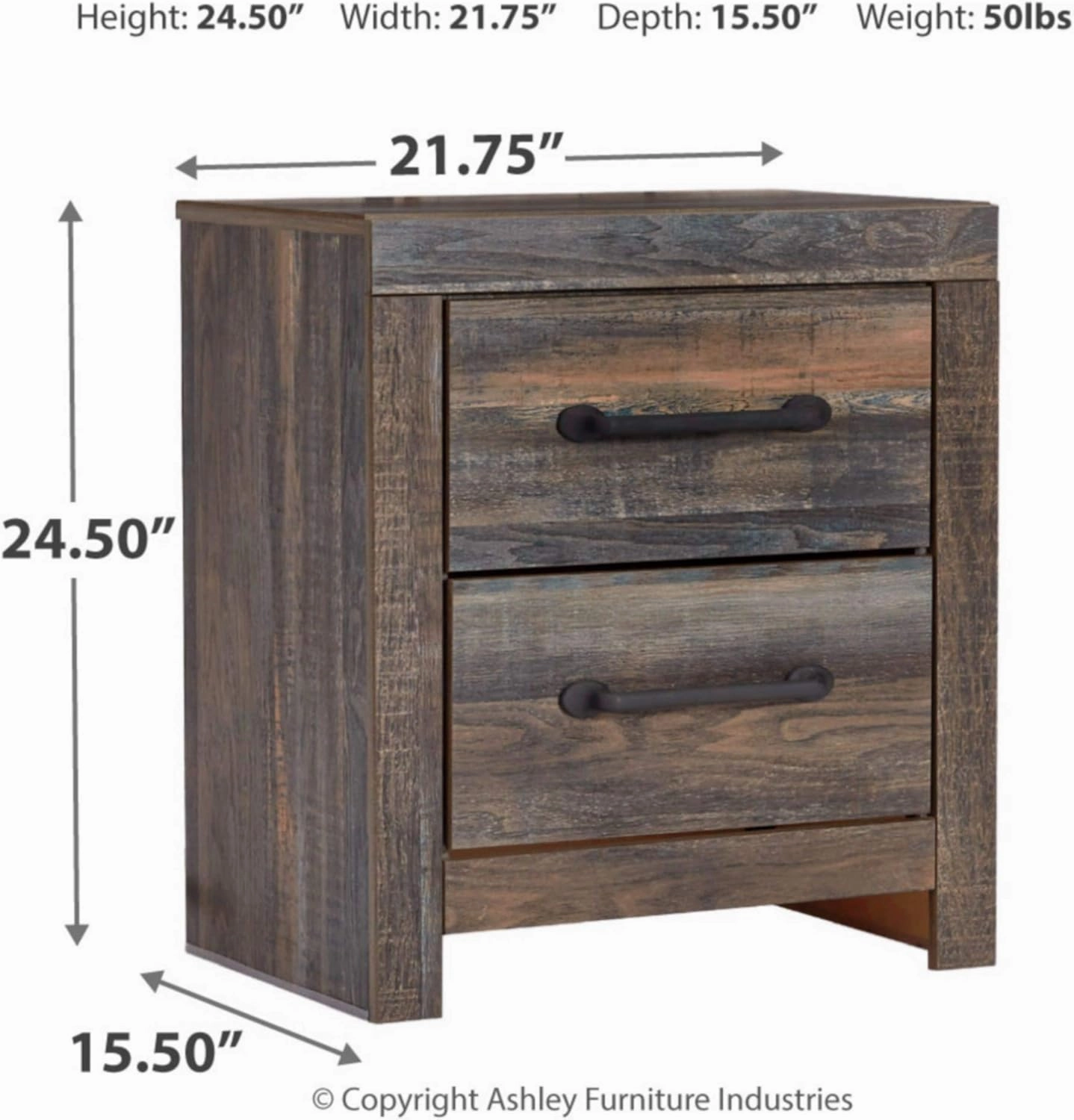 Signature Design by Ashley Drystan Rustic Industrial 2 Drawer Nightstand with 2 Slim-Profile USB Charging Stations, 24.37" Tall, Weatherworn Brown