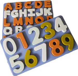 Silicone Puzzles Set: Numbers and Alphabet ABC Letter Puzzles for Toddlers, Educational Learning Toys for Toddlers, Alphabet Toys with Puzzle Board & Letter Blocks, Montessori (Light Blue Board)