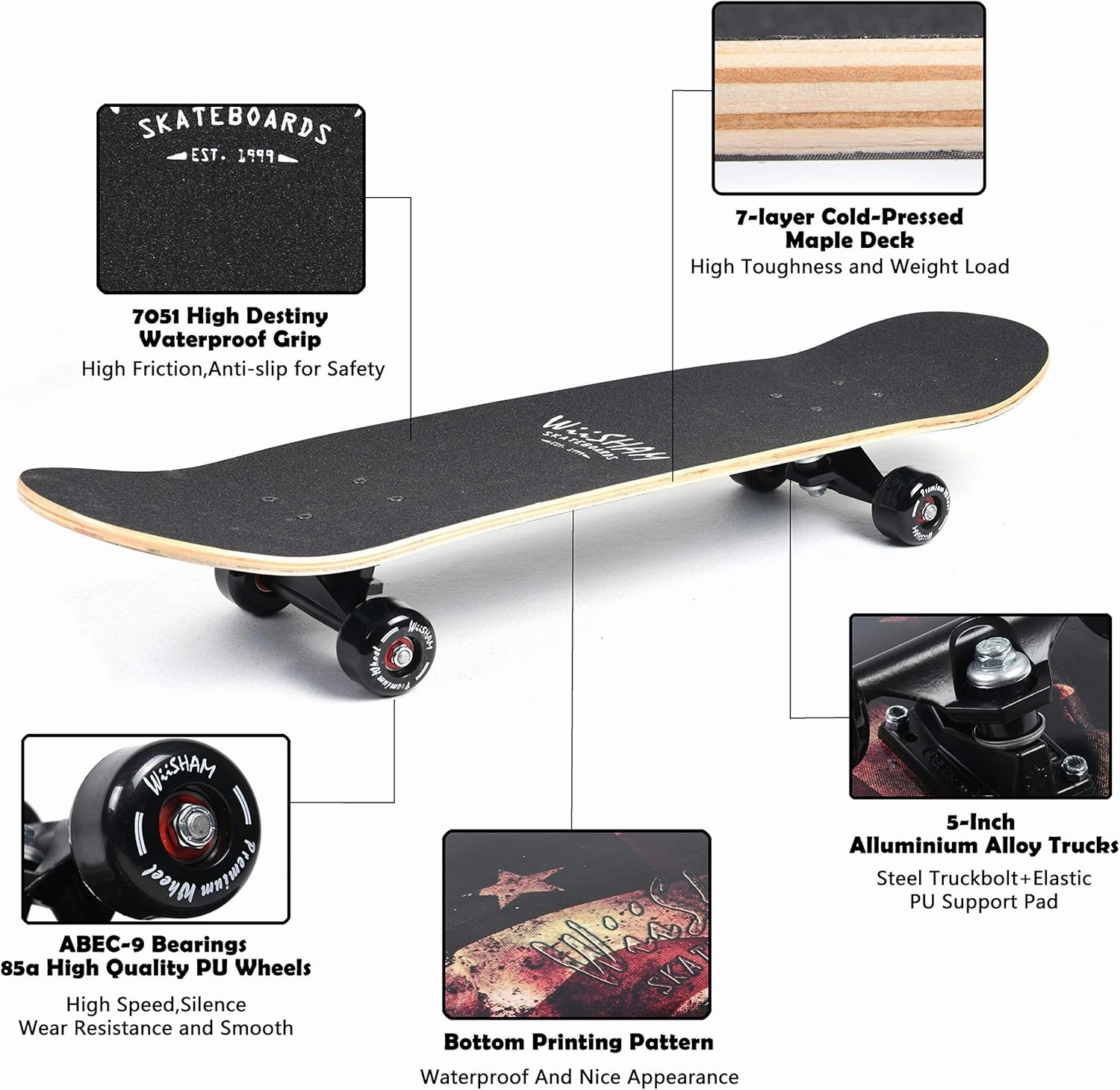 Skateboards for Beginners,31 * 8 inches Complete Skateboards for Kids,Boys,Girls and Adults,7 Layer Maple Wood,Double Kick Deck Concave Standard and Tricks Skateboard