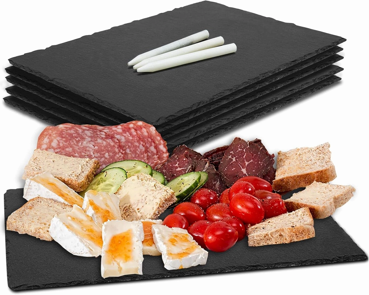 Slate Cheese Boards, 6 Pack 8.8 x 6” Mini Slate Plates Black Charcuterie Boards Serving Tray Stone Plate Display Chalkboard with Soapstone Chalks for Halloween Christmas, Party, Gifts