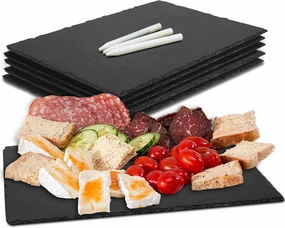 Slate Cheese Boards, 6 Pack 8.8 x 6” Mini Slate Plates Black Charcuterie Boards Serving Tray Stone Plate Display Chalkboard with Soapstone Chalks for Halloween Christmas, Party, Gifts