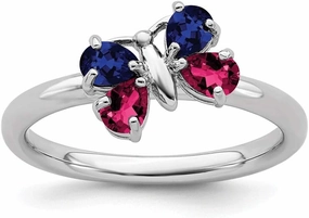 Solid 925 Sterling Silver Stackable Cr Ruby and Cr Sapphire Blue September Gemstone Butterfly Ring Eternity Band